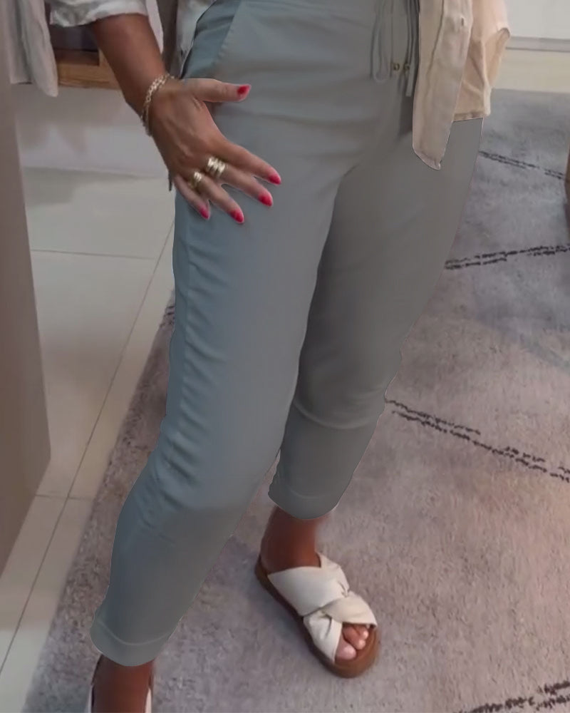 Nahia – Soepelvallende broek met trekkoord, elastische taille, relaxte rechte pasvorm