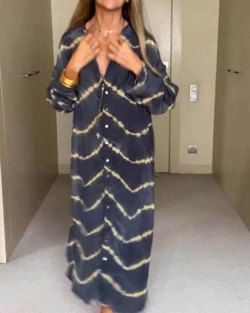 BOMEA - Boho gestreepte jurk met lange mouwen