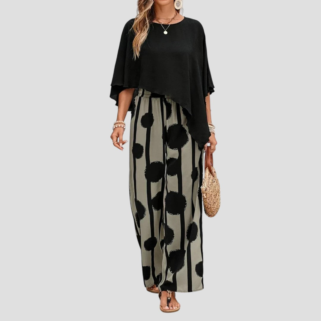 Milavie™ | Modieuze damesset met asymmetrische top en bedrukte broek