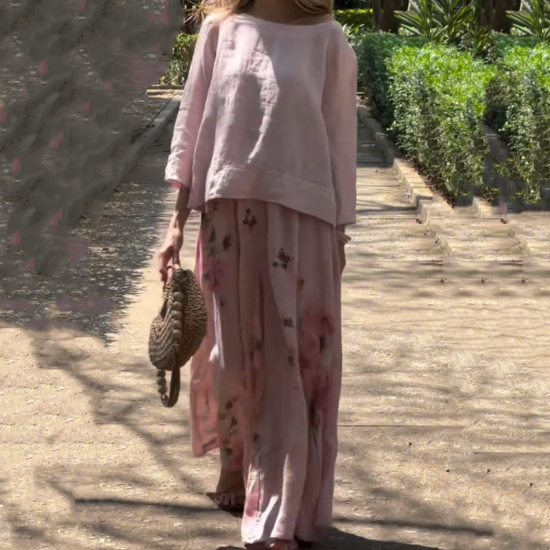 Effen top en bloemenbroek met wijde pijpen (tweedelige set) Lente 2025 Nieuw binnen