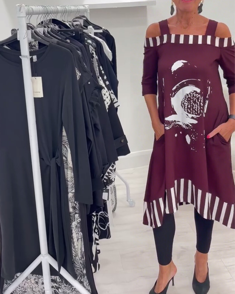 Jurk Off-Shoulder Onregelmatig Los Print