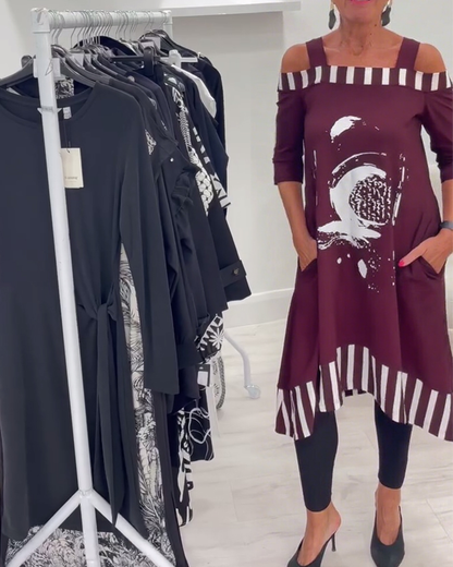 Jurk Off-Shoulder Onregelmatig Los Print