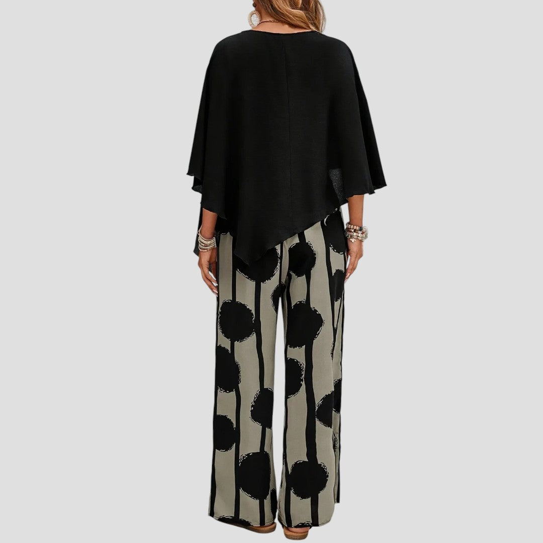 Milavie™ | Modieuze damesset met asymmetrische top en bedrukte broek