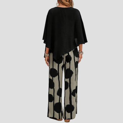 Milavie™ | Modieuze damesset met asymmetrische top en bedrukte broek