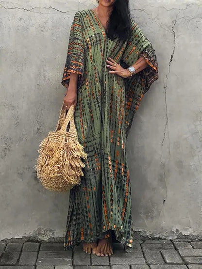 Kaftanjurk voor dames - Lange, losse pasvorm - V-hals tie-dye bohemian stijl