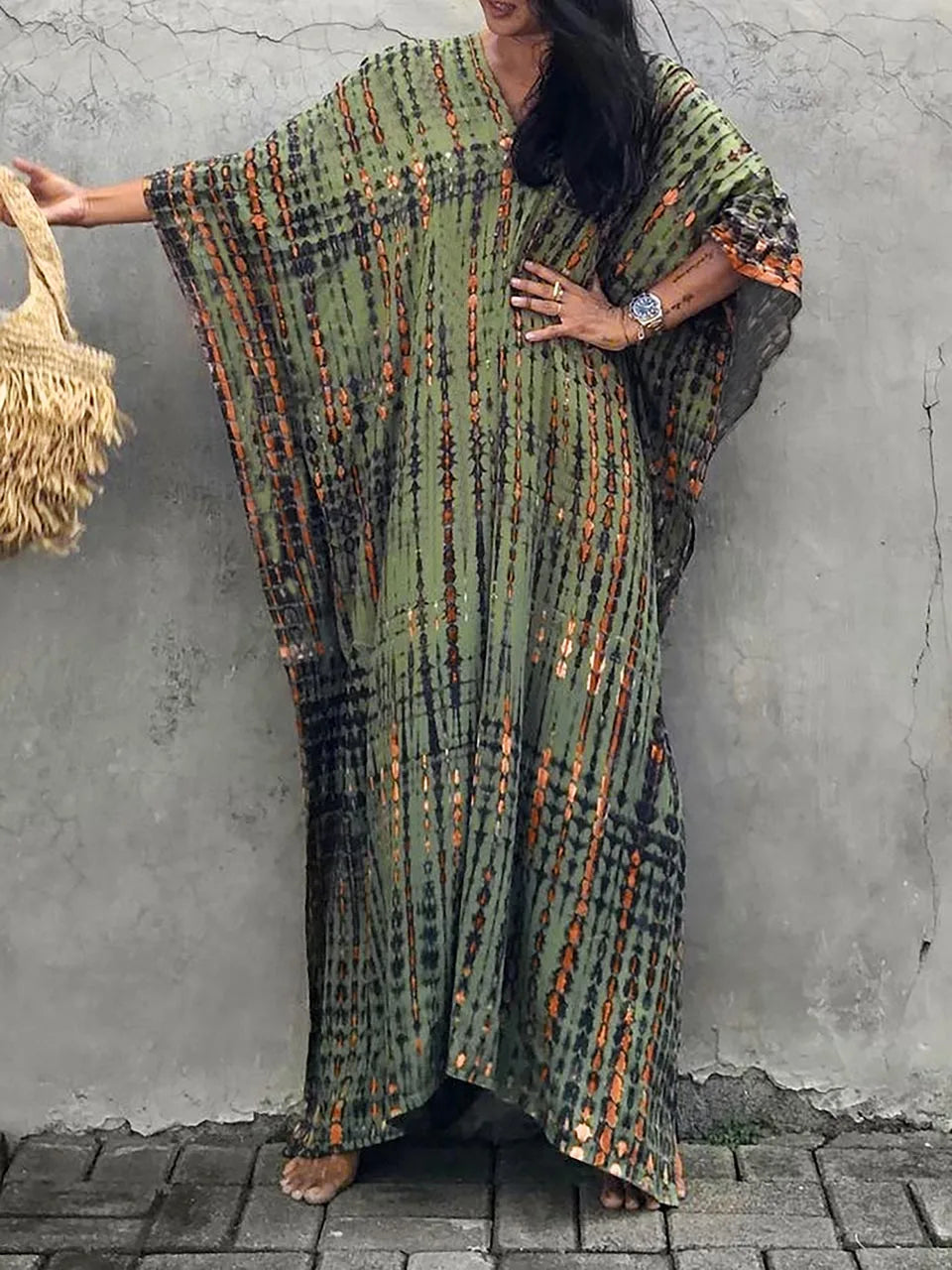 Kaftanjurk voor dames - Lange, losse pasvorm - V-hals tie-dye bohemian stijl