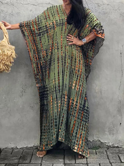 Kaftanjurk voor dames - Lange, losse pasvorm - V-hals tie-dye bohemian stijl
