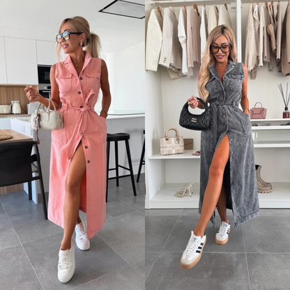 Effen denimjurk met knoopzak