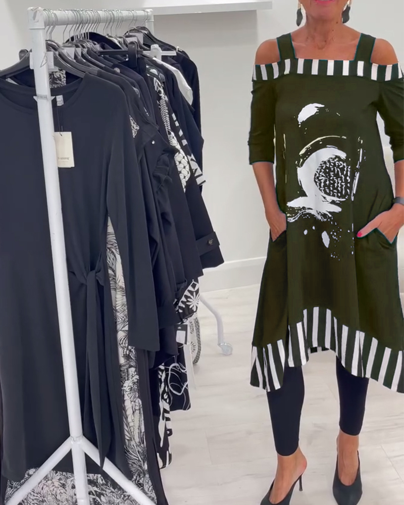 Jurk Off-Shoulder Onregelmatig Los Print