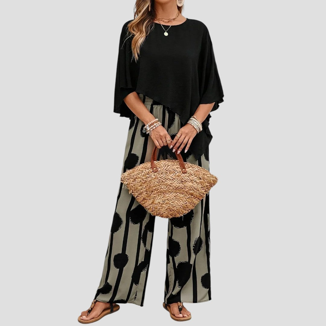 Milavie™ | Modieuze damesset met asymmetrische top en bedrukte broek