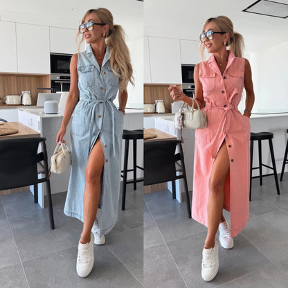 Effen denimjurk met knoopzak