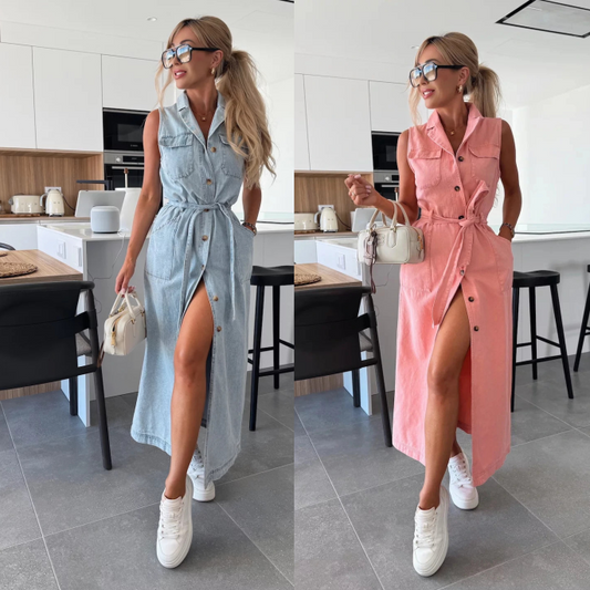 Effen denimjurk met knoopzak