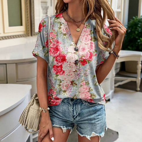 Kaye | Dames blouse met V-hals, bloemenprint en knoopjes aan de voorkant