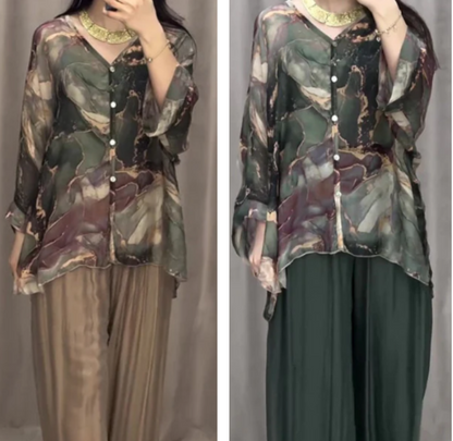 Casual V-hals bedrukt driedelig pak💕