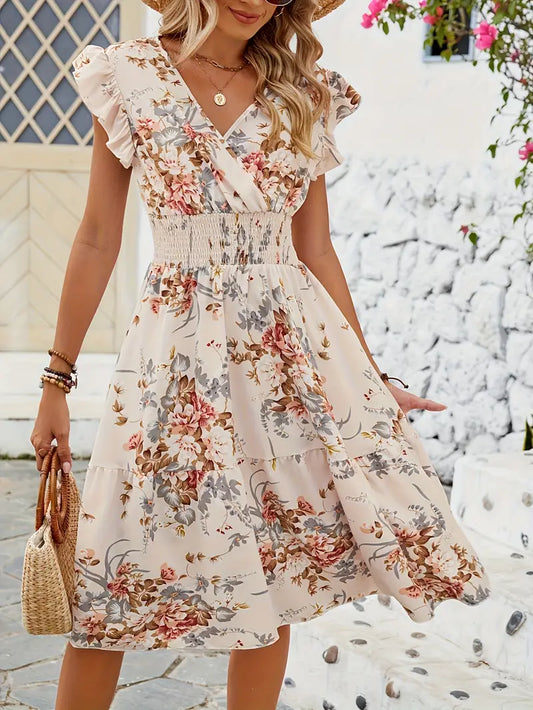 Lina – Middellange bloemenjurk met ruches, vrouwelijk en vloeiend