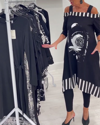 Jurk Off-Shoulder Onregelmatig Los Print