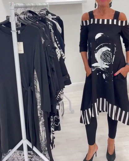 Jurk Off-Shoulder Onregelmatig Los Print