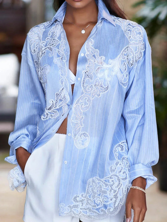 Icah – Blouse met Strepen en Kantdetail voor Dames