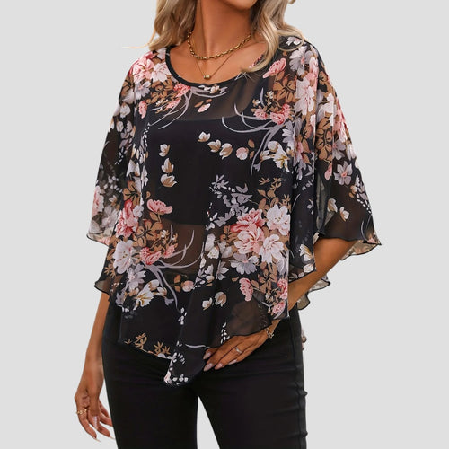 Chiara – Elegante asymmetrische blouse met ronde hals en bloemenprint