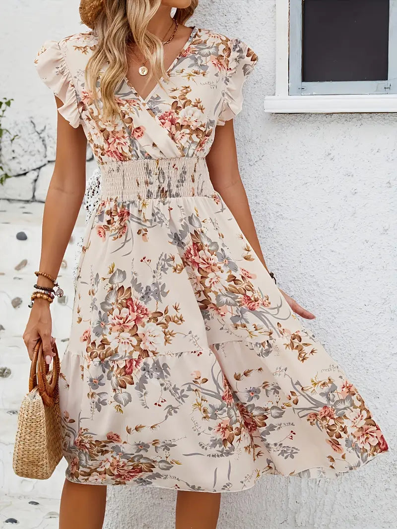 Lina – Middellange bloemenjurk met ruches, vrouwelijk en vloeiend