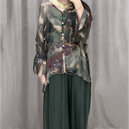 Casual V-hals bedrukt driedelig pak💕