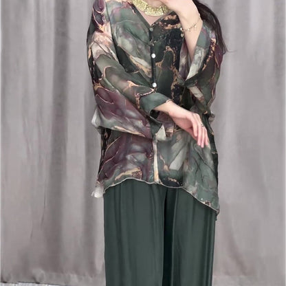 Casual V-hals bedrukt driedelig pak💕