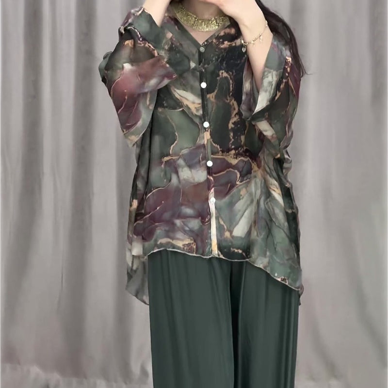 Casual V-hals bedrukt driedelig pak💕