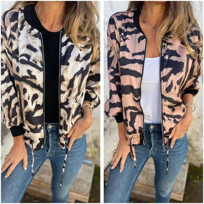 Dames herfstbomberjack met zebraprint en rits
