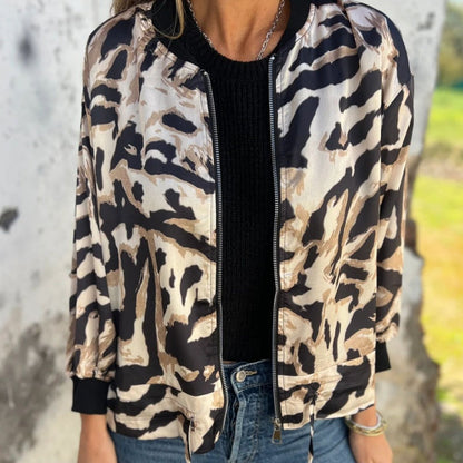 Dames herfstbomberjack met zebraprint en rits