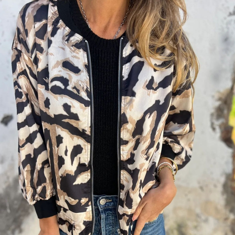 Dames herfstbomberjack met zebraprint en rits