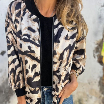 Dames herfstbomberjack met zebraprint en rits