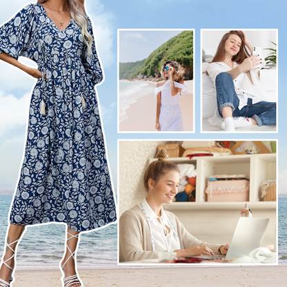 Elegante lange jurk met V-hals en bloemenprint voor dames