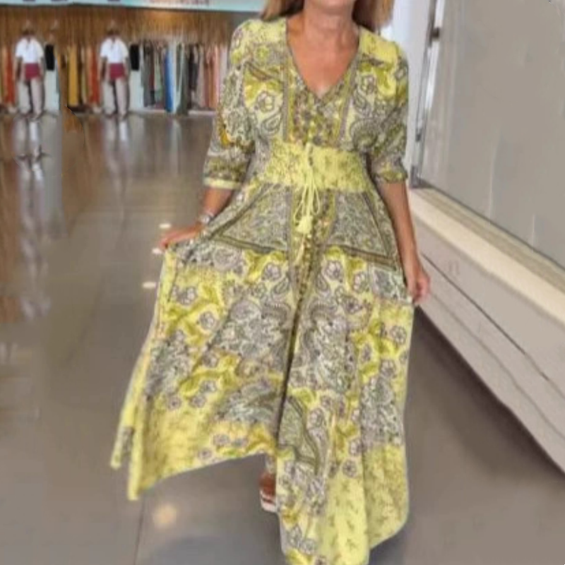 Elegante maxi-jurk met bloemenprint en trekkoord voor dames