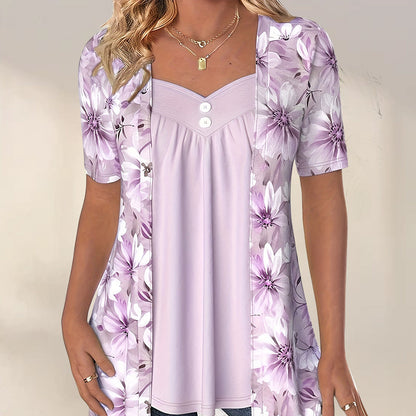 Damestop met onregelmatige patchworkprint en bloemenprint