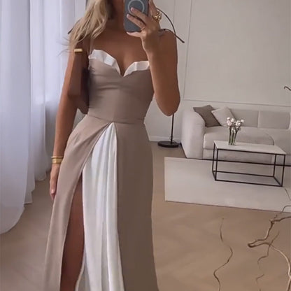 Mouwloze lange geplooide kleurblokjurk voor dames