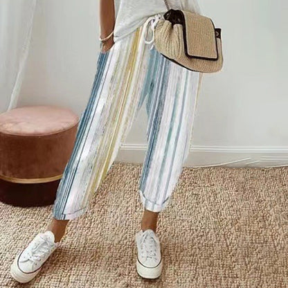 Gestreepte damesbroek van linnen en katoen