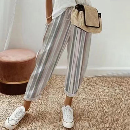 Gestreepte damesbroek van linnen en katoen