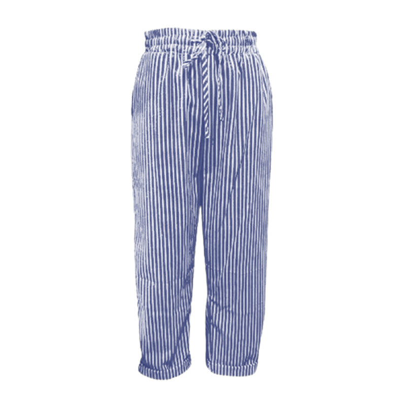 Gestreepte damesbroek van linnen en katoen